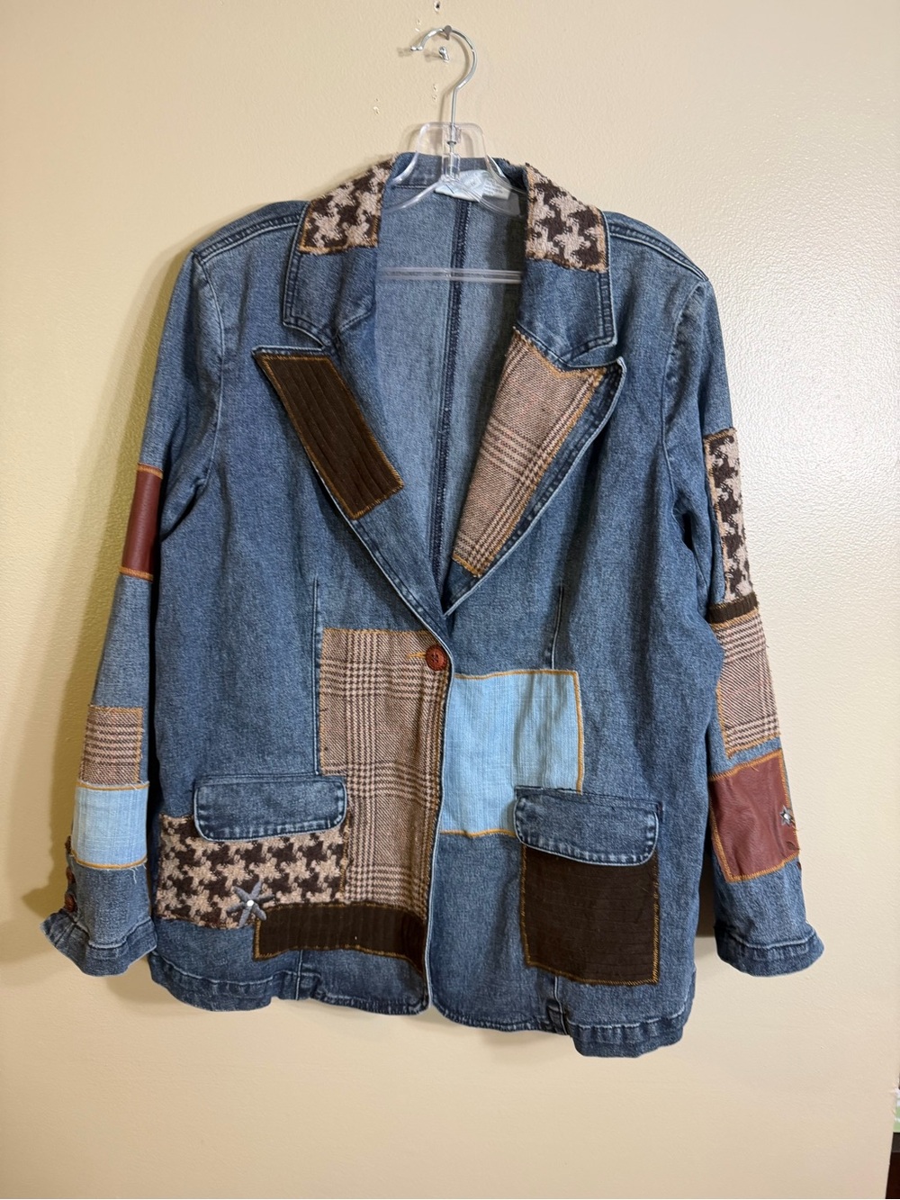 DG2 1X Patchwork Denim Blazer Houndstooth Mixed Media Jacket